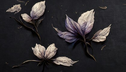 Beautiful dark abstract exotic flowers. Luxurious dark ink flowers and patterns.