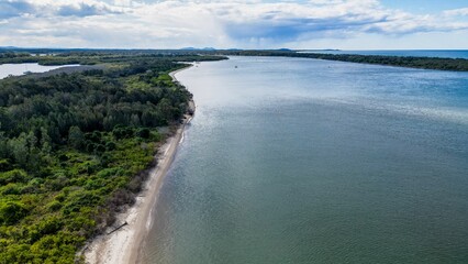 Aerial view of the calm coast and islands near Port Macquarie, New South Wales, Australia