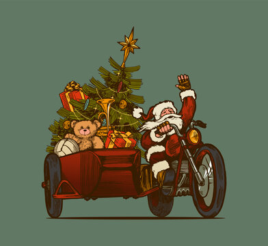 Santa biker. Santa Claus riding motorcycle with a sidecar full of presents. vintage Christmas vector illustration etching style.
