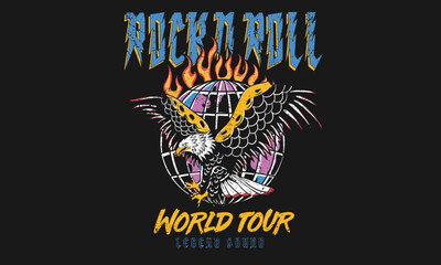 Rock and roll, World tour vector print design. Eagle fly graphic print design. World fire artwork. 