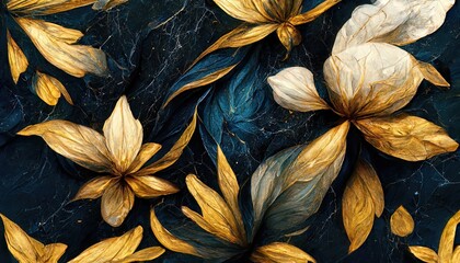 Beautiful abstract exotic flowers on a dark blue marble background. Luxurious gold ink flowers and patterns.