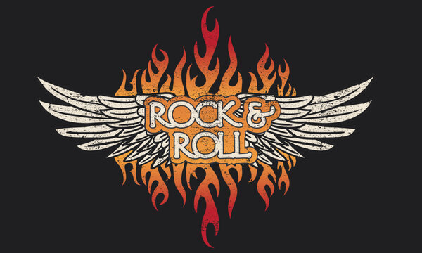 Rock and roll poster design. Rock fire vector print design for poster, sticker, background and others. Wild life illustration. Eagle wing artwork.