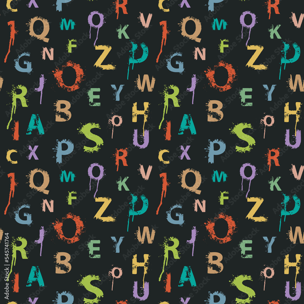 Poster seamless pattern with alphabet letters in form of colored paint splashes and blots. abstract vector 
