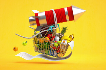 Fast delivery, growth of market basket or consumer price index, inflation or growth of food sales concept. Shopping basket with foods on flying rocket - obrazy, fototapety, plakaty