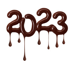 Date of the New Year 2023 made of melted chocolate, isolated on white background