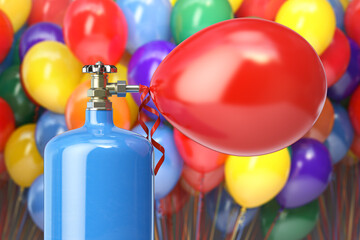 Helium tank with compressed helium inflating colored balloons for celebration or party.