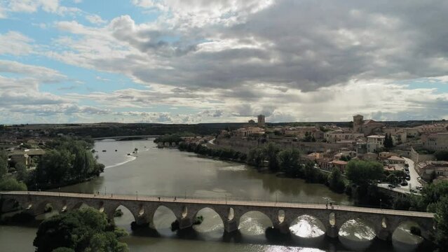 Aerial view of the Zamora, in Spain, the Stone Bridge across the Douro River in the background
