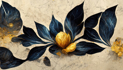 Beautiful abstract exotic flowers on a light marble background. Luxurious gold and blue ink flowers and patterns.