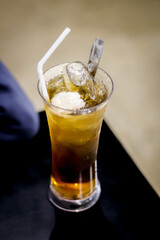 Close up glass of lychee tea with fresh lychee fruit