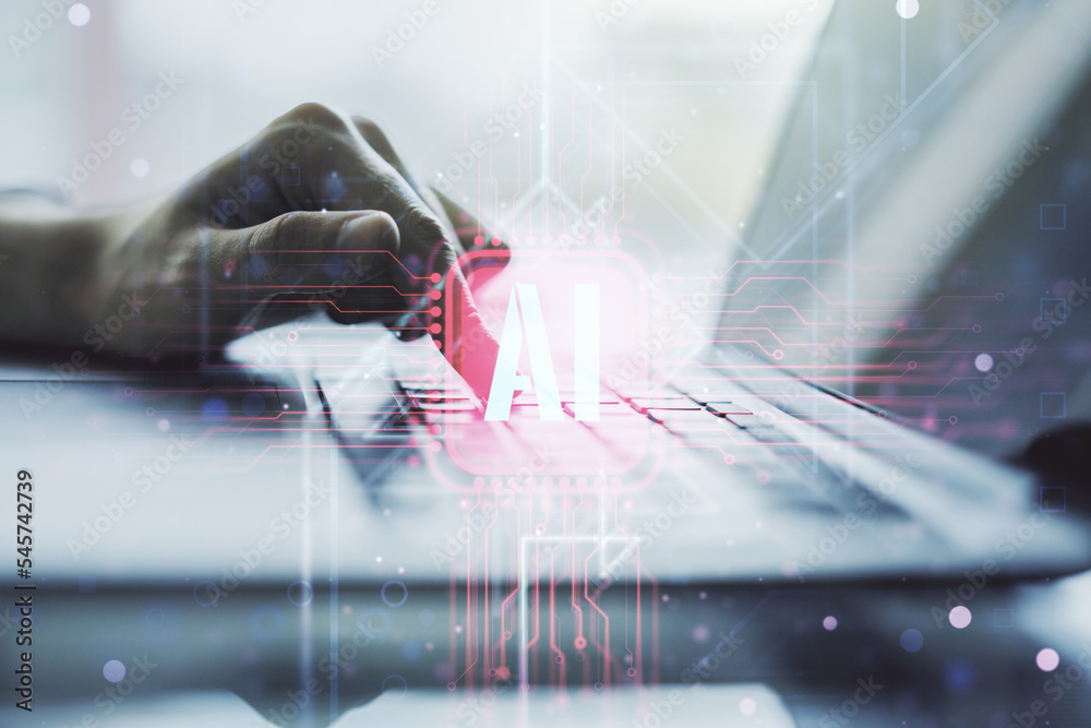 Poster creative artificial intelligence symbol concept with hands typing on computer keyboard on background