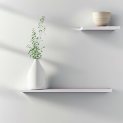 Fototapeta na wymiar Wall mockup with Vase and green plant,White wall and shelf.3D rendering