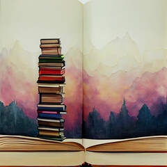 stack of books painted in a book