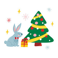Vector poster with cute Christmas gray rabbit and squirrel in cartoon style, symbol of the year
