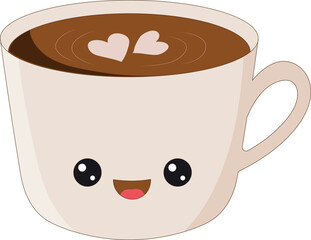 Cartoon cup of coffee with a cheerful expression and hearts floating inside on a white background