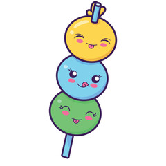 Cute set of green blue and yellow dango with cheerful expressions on a white background