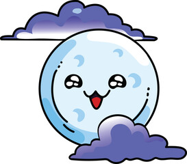 Cute cartoon moon with big tiny eyes surrounded by purple clouds on a white background