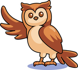 Cute cartoon owl waving its wing on a white background