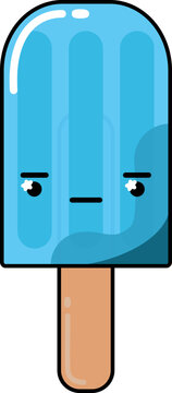 Cute cartoon blue popsicle with an annoyed expression on a white background