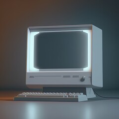 Retro PC Mock Up with Glowing White Screen in Studio Light. 3D Rendering.