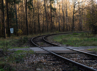 Tory kolejowe biegnące przez las jesienny . Zakręt i przejazd kolejowy .