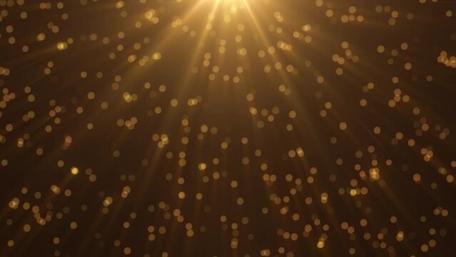 4k Abstract background. Gold bokehs. Glowing particles. Floating bokeh lights. Celebration motion gesign. Golden spotlight. 