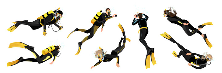 Set of divers characters illustration isolated on white background. People in diving mask, wetsuit gear, diver man and woman. Underwater activity snorkeling and swimming aqualung. Vector illustration - obrazy, fototapety, plakaty
