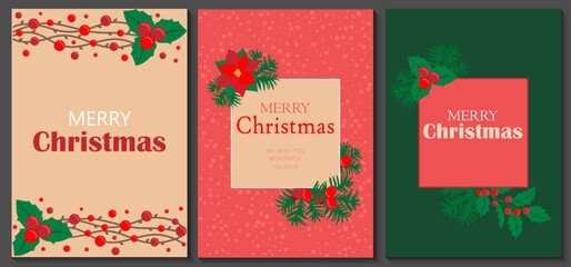 Set holiday vertical greeting cards with floral frames, branches, berries, background and copy space. Merry Christmas and Happy New Year template