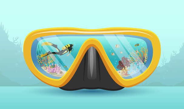 Diving mask with seascape background. Scuba diver swimming underwater on seabed inside glasses. Free diving club concept realistic poster. Summer vacation ocean travelling tourism. Vector illustration