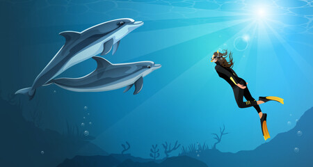 Woman diver swimming with wild dolphins in ocean. Free diving underwater concept poster. Girl biologist snorkeling with animals in wetsuit and yellow fins on the deep seabed fauna. Vector illustration