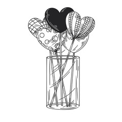 Hearts on a stick in a glass vase. Candies in the form of hearts. Vector