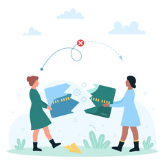 Payment failure, error of online money transaction in bank system vector illustration. Cartoon tiny people trying to pay, holding broken plastic credit card with crack and denial of banking service