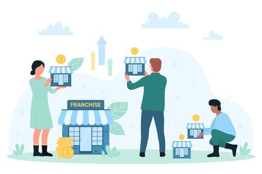 Franchise business management, development and branch expansion vector illustration. Cartoon people holding small models of store or restaurant houses, expand network of corporate enterprises