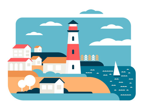 Lighthouse in simple minimal landscape of coastal town vector illustration. Cartoon silhouettes of beacon tower and houses on beach, in sailing ship in sea waves, city in harbor with minimalist shapes