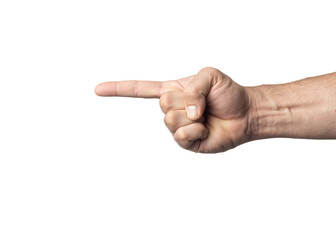 A man's hand and arm on a nuclear white background, showing a gesture of quantity with his fingers.