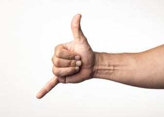 A man's hand and arm on a nuclear white background, showing a gesture of greeting approval or positivity.