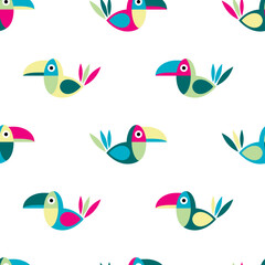 Seamless pattern with stylish colorful toucans on white background.