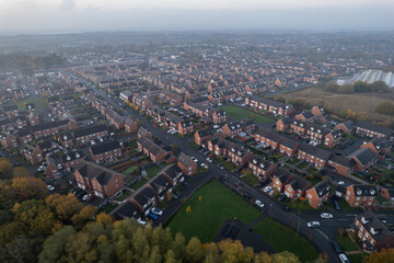 Aerial Houses Residential British England Drone Above View Summer Blue Sky Estate Agent Morning Sunrise House Prices 2022.