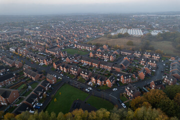 Aerial Houses Residential British England Drone Above View Summer Blue Sky Estate Agent Morning Sunrise House Prices 2022.