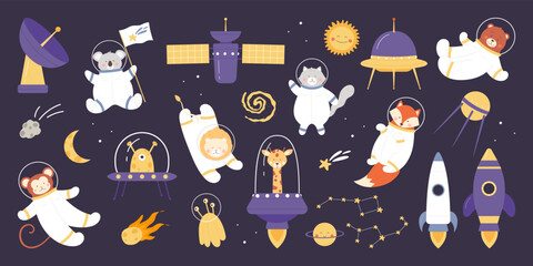 Cute astronaut animals in space travel set vector illustration. Cartoon isolated baby cosmonaut characters in fun adventure, animals in spacesuits explore galaxy universe on cosmic background © Flash Vector