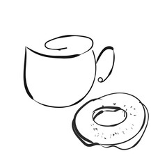 Cups with coffee and tea. Donut. Picture. Logo. Set.