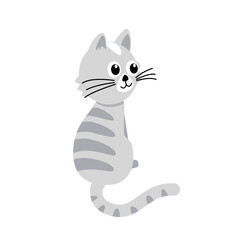 Grey tabby kitty sits with its back. Cat, kitten. Flat, cartoon, vector