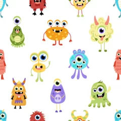 Fotobehang Monster seamless pattern. Cute jolly colorful monsters. Flat, cartoon, vector © Aleksandra