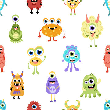 Monster seamless pattern. Cute jolly colorful monsters. Flat, cartoon, vector