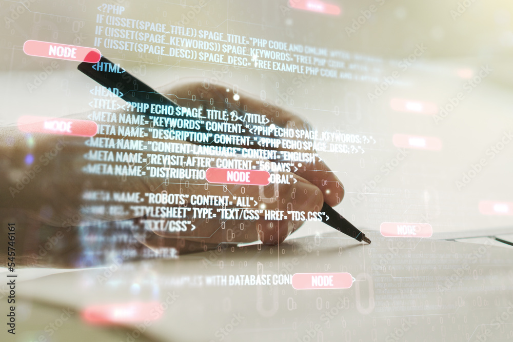 Poster double exposure of abstract creative programming illustration and man hand writing in notepad on bac