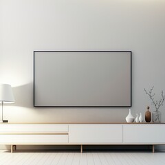Smart Tv Mockup with blank screen hanging on the wall in modern living room. 3d rendering