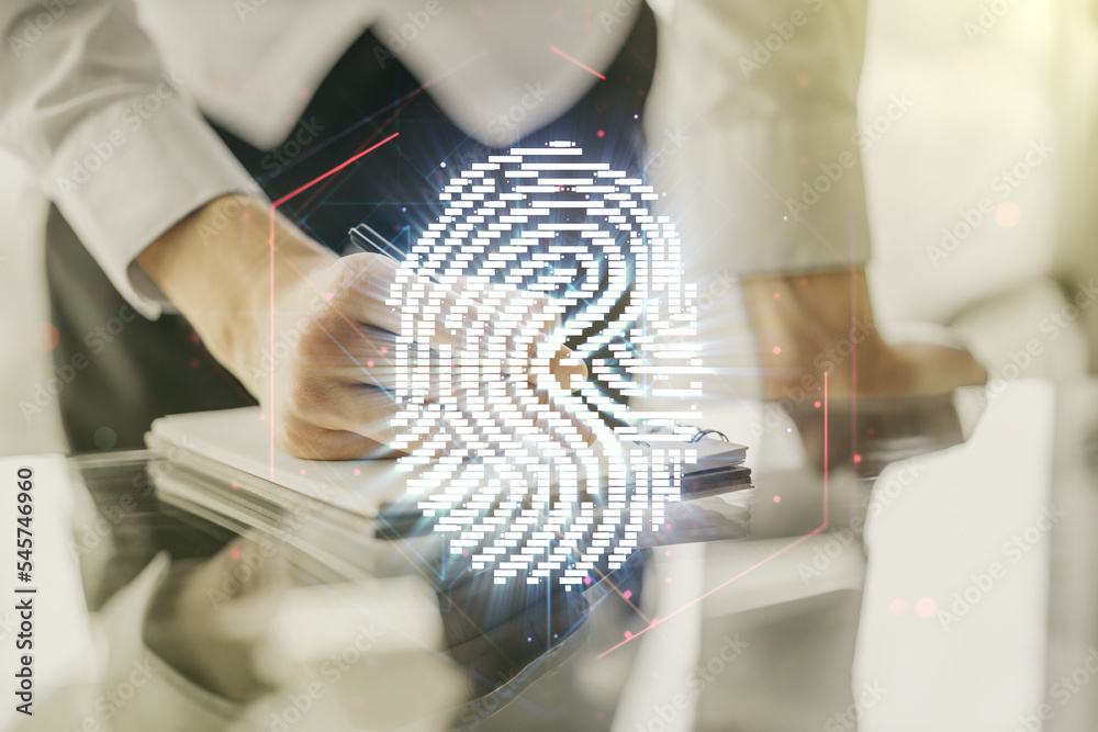 Poster Multi exposure of abstract fingerprint scan interface with man hand writing in notepad on background, digital access concept