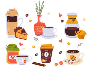 Tea coffee hot warm drink with sweet pie abstract isolated set. Vector graphic design illustration element