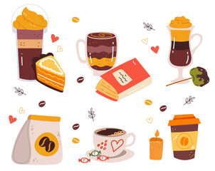 Tea coffee hot warm drink with sweet pie abstract isolated set. Vector graphic design illustration element