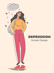 Sad unhappy depression trouble worry people under rain abstract concept. Vector graphic design illustration element