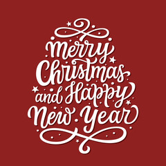 Merry Christmas and happy New Year. Hand lettering text on red background. Vector typography for posters, banners, cards
